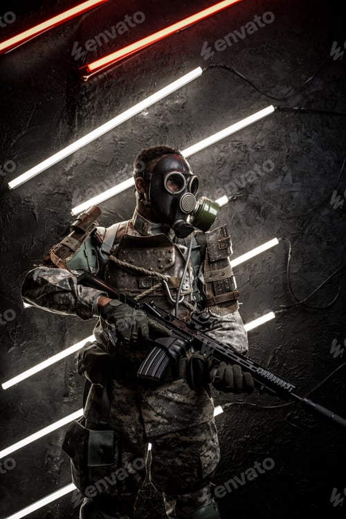 Preview: Dangerous soldier with gas mask against dark background