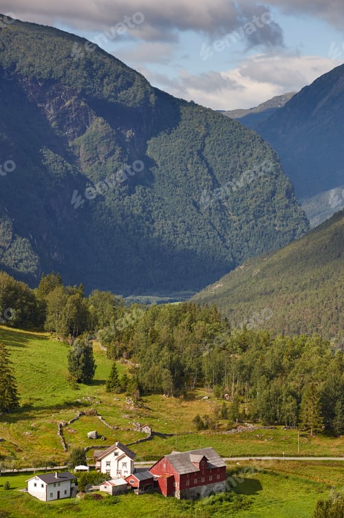 Preview: Traditional norwegian mountain landscape with old wooden houses. Travel Norway