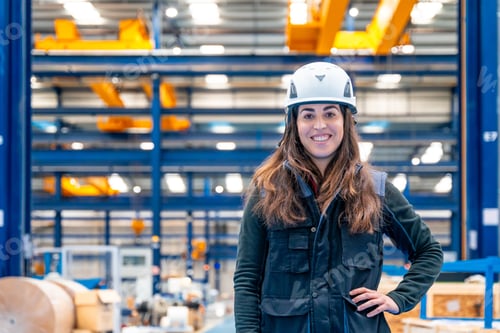 Preview: Smiling woman with protective gear standing in a logistic center