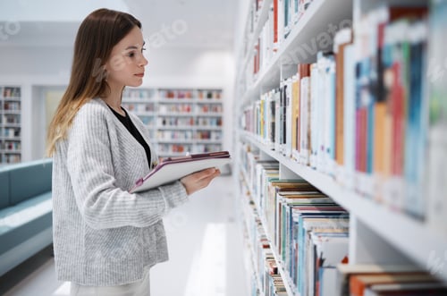 Preview: Scholarship, student or woman in library with tablet for research, education or learning. Bookshelf