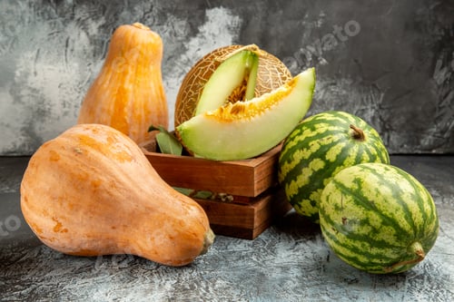 Preview: front view fresh melon with pumpkin and watermelon on the dark background sweet summer fruit