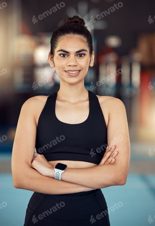 Preview: Happy training woman in gym, wellness athlete and exercise fitness. Healthy motivation portrait, sp