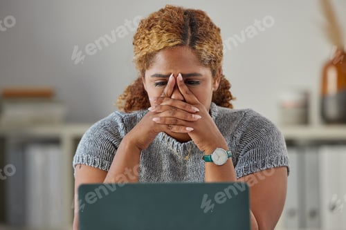 Preview: Stressed, worried and upset business woman feeling anxiety and the pressure of deadlines at work. Y