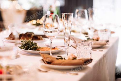 Preview: Flower table decorations for holidays and wedding dinner. Table set for holiday, event, party or