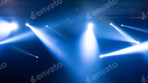 Preview: Empty stage concert with lighting laser beam spotlight show in disco pub club bar for party music