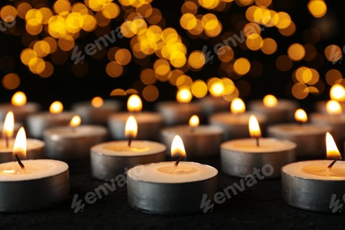 Preview: Burning small candles on black background, close up