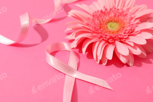 Preview: Pink awareness ribbon and gerbera on color background, space for text.
