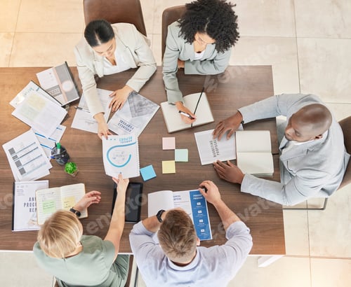 Preview: Teamwork, collaboration and business people with research data and work notes. Office meeting, mark