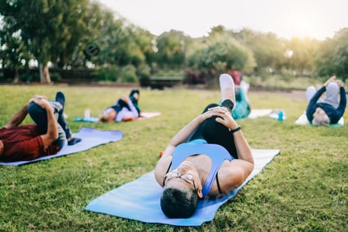 Preview: Senior sport people exercising during yoga workout class outdoor at park city - Fitness Elderly life