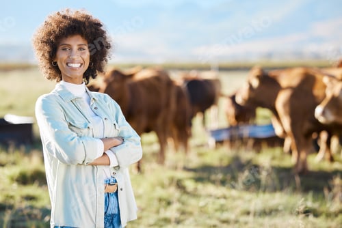 Preview: Smile, cow and agriculture woman on farm for sustainability, production or thinking industry growt