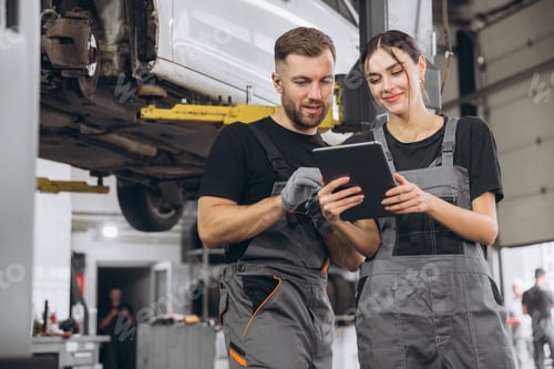 Preview: Young expert female inspects repair checklist with automotive mechanic worker partner