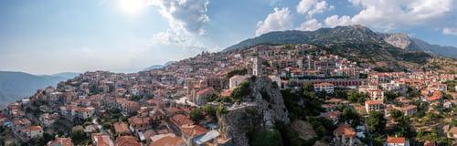 Preview: Arachova Greece mountain town aerial panorama, Boeotia. Tourist resort