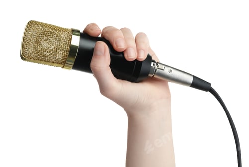 Preview: Singer with microphone on white background, closeup