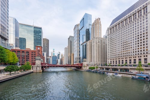Preview: Vibrant sunny view of Chicago downtown skyline under a blue sky