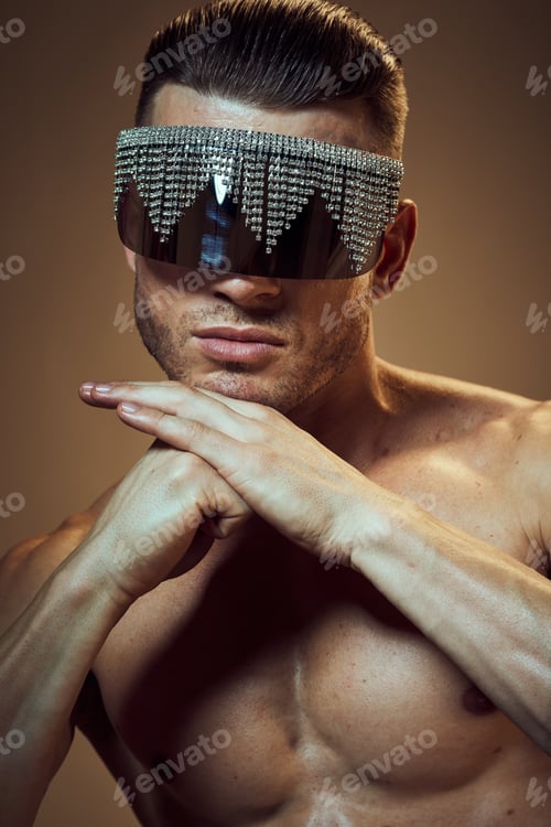 Preview: guy in 3D glasses with rhinestones and naked torso pumped