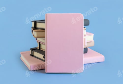 Preview: Stack of pink and grey notebooks on light blue closeup. Textbook mockup