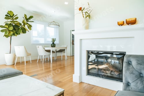 Preview: Elegant white dining room together with living room