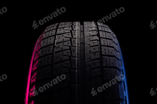 Preview: black tire with tread for driving on snow on a black background with blue red illumination