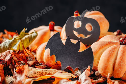 Preview: Homemade halloween cakes in the shape of pumpkin on dark background