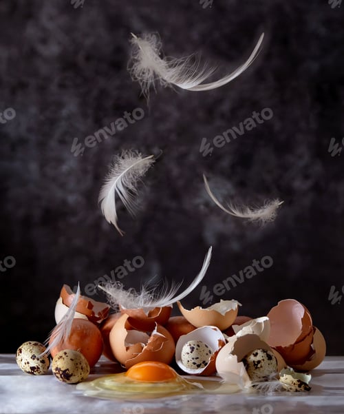 Preview: View of quail eggs and cracked eggshells with flying fluffs on dark background