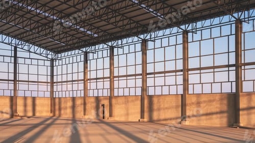 Preview: Steel wall framework structure with metal columns inside of factory building in construction site