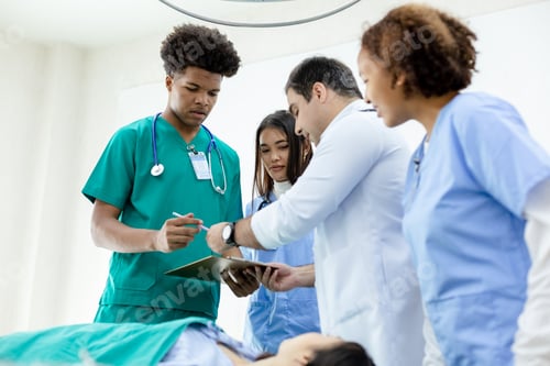 Preview: professional medical teacher give tuition group students in patient operating room.