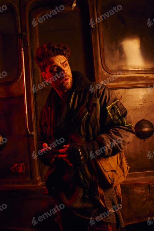 Preview: worried man feeling danger and looking away near rusty carriage in post-disaster subway in red light