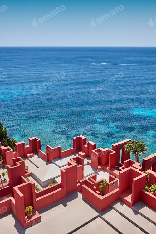Preview: Geometric red building design. The red wall, La manzanera. Calpe, Spain