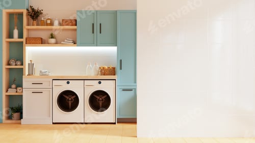 Preview: Mockup wall in a laundry room against a pastel blue wall background