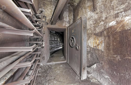Preview: An open protective door in an underground communication tunnel