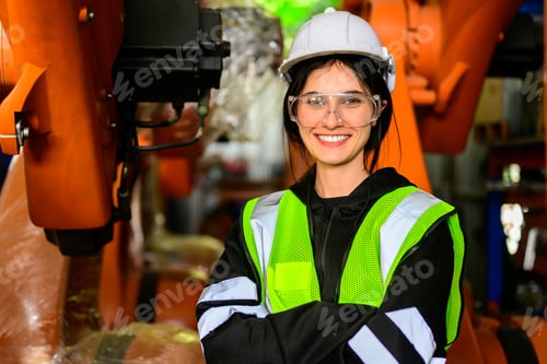 Happy female maintenance engineer worker working at industrial factory