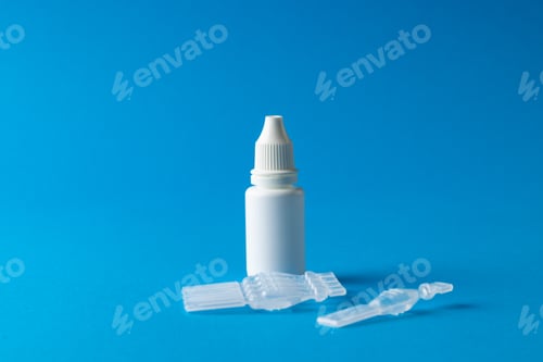Preview: Composition of saline solution caplets and dropper bottle on blue background with copy space
