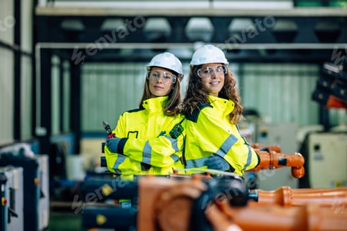 Preview: Skilled Women Engineers in Safety Gear Working With Industrial Robots at a Manufacturing Facility