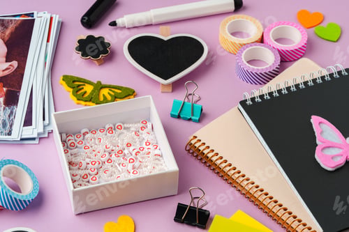 Preview: Crafting supplies for scrapbooking arranged on a purple surface