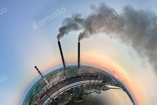 Preview: Aerial view from high altitude of little planet earth with coal power plant high pipes