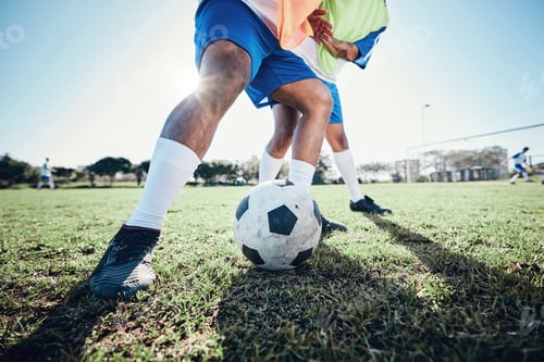 Preview: Football, challenge and men with action, grass and health with fitness, competition and motion. Mal