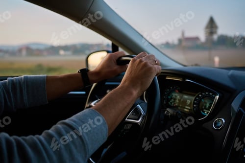 Preview: Man driving car on highway road, inside view