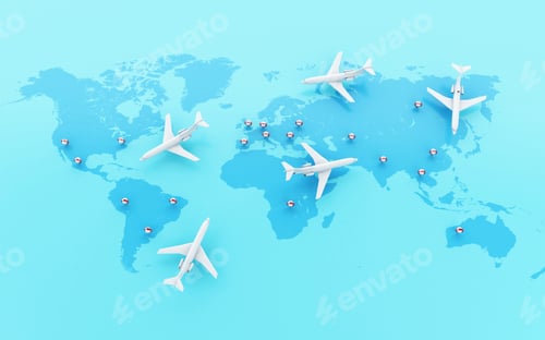 Preview: 3d Airplanes flying around globe with map pointer.