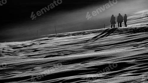 Preview: Grayscale shot of sand dunes and walking people