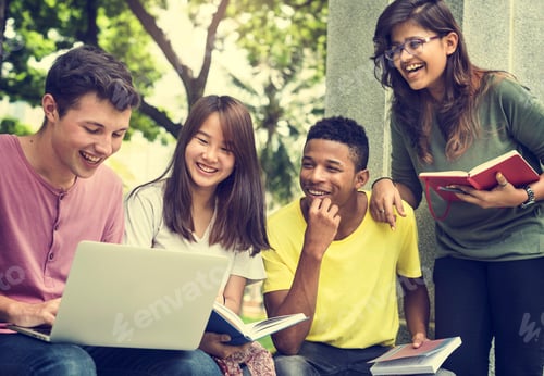 Preview: Smiling Students Study Together Outdoors with Laptop