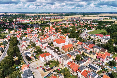 Preview: Aerial view of small european town with residential buildings