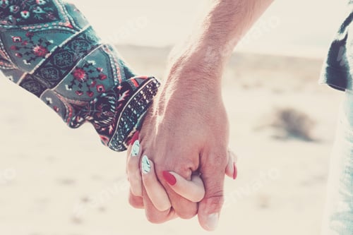Preview: Close up of caucasian hands holding with love and relationship outdoor - young and adult