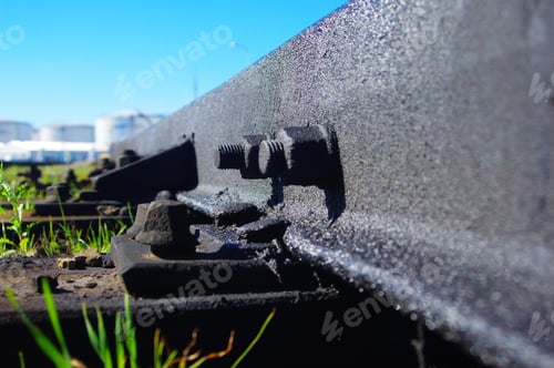 Preview: Blue sky over the railway tracks in an industrial area in summer