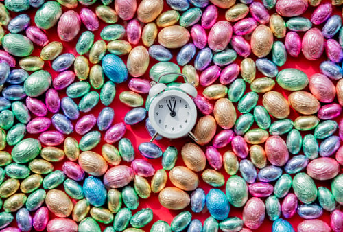 Preview: color Chocolate Easter eggs and alarm clock