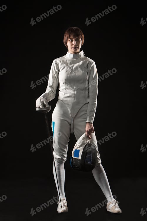 Preview: The Portrait Of Woman Wearing White Fencing Costume And Black Fencing Mask With The Rapier On Black