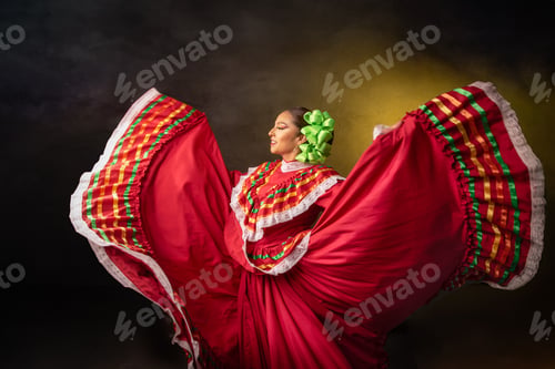 Preview: A woman in a red dress is dancing with a green flower in her hair