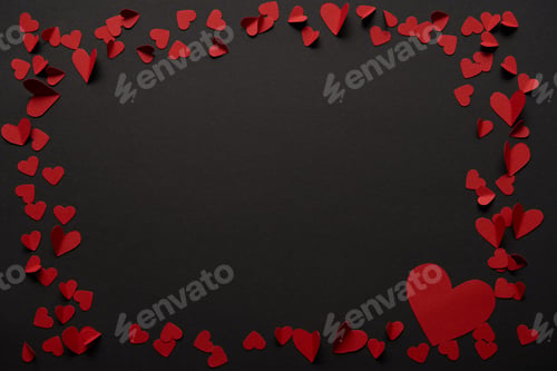 Preview: black background with copy space and paper cut red hearts