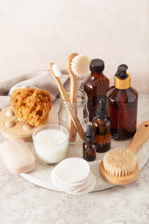 Preview: zero waste eco friendly hygiene bathroom concept. wooden toothbrush soap reusable pads cosmetic
