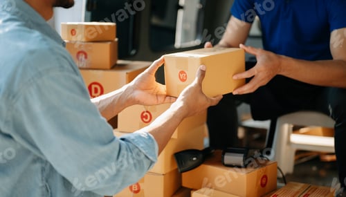 Preview: Parcel delivery with good depth of field. Friendly worker with high quality and shipping concept.
