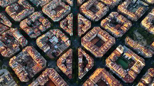 Preview: Aerial view of typical buildings of Barcelona cityscape. Eixample residential famous urban grid